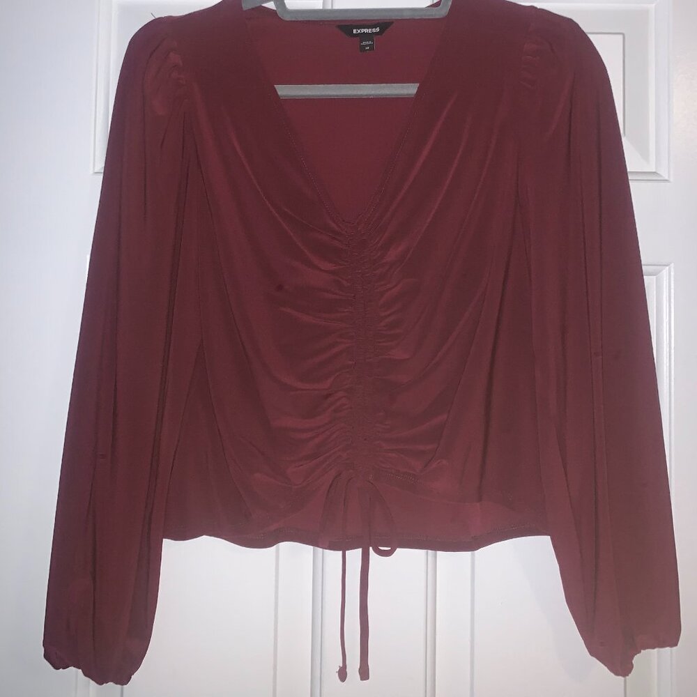 Express, Ruched Front, Drawstring, Blouse, Maroon… - image 1